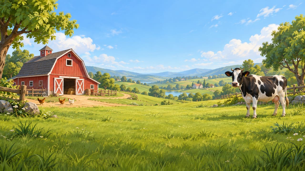 An illustration of a red barn, hens and a cow in a green valley.