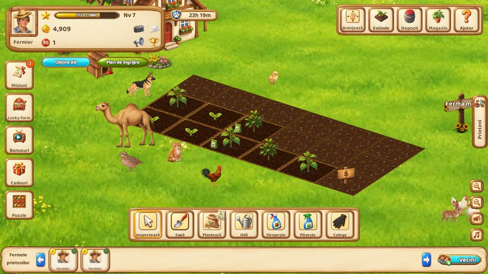 Game screenshot: planted plots, animals and farm care tools.