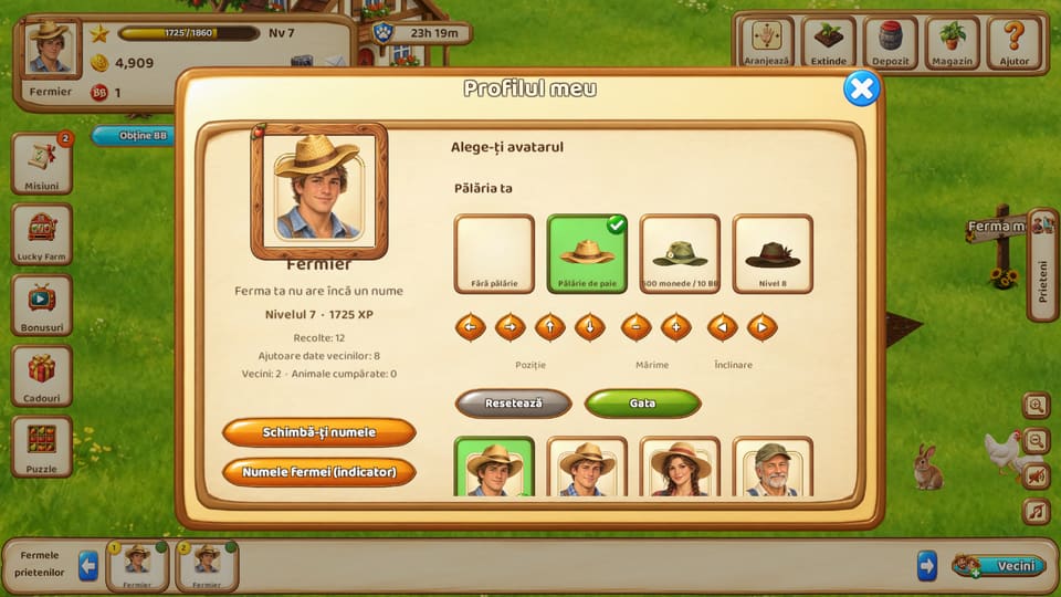 Game screenshot: portrait choices and controls for adjusting a hat.
