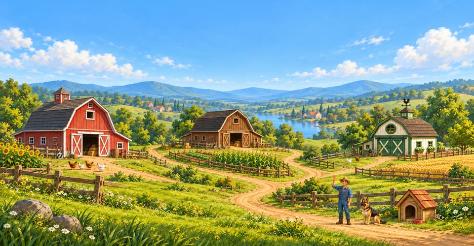 An illustration of three farms joined by paths, with a guard dog beside its kennel.